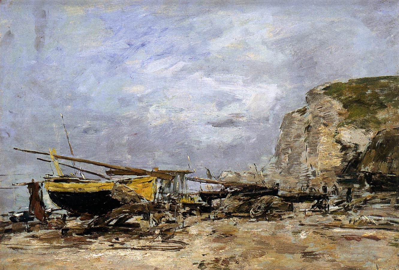 Cliffs and Yellow Boats at Étretat by BOUDIN, Eugène