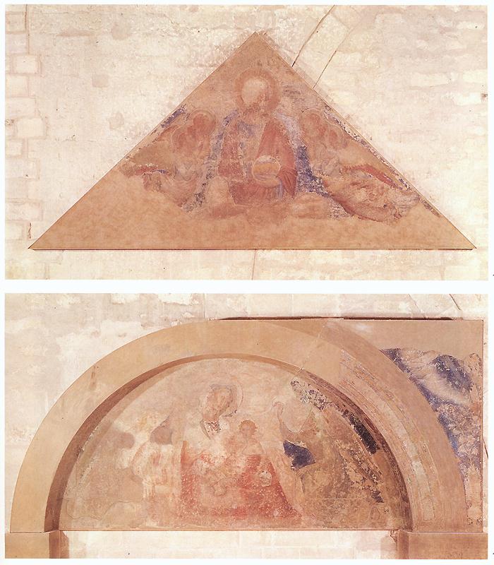 Saviour Blessing (tympanum) and Madonna of Humility (lunette) by