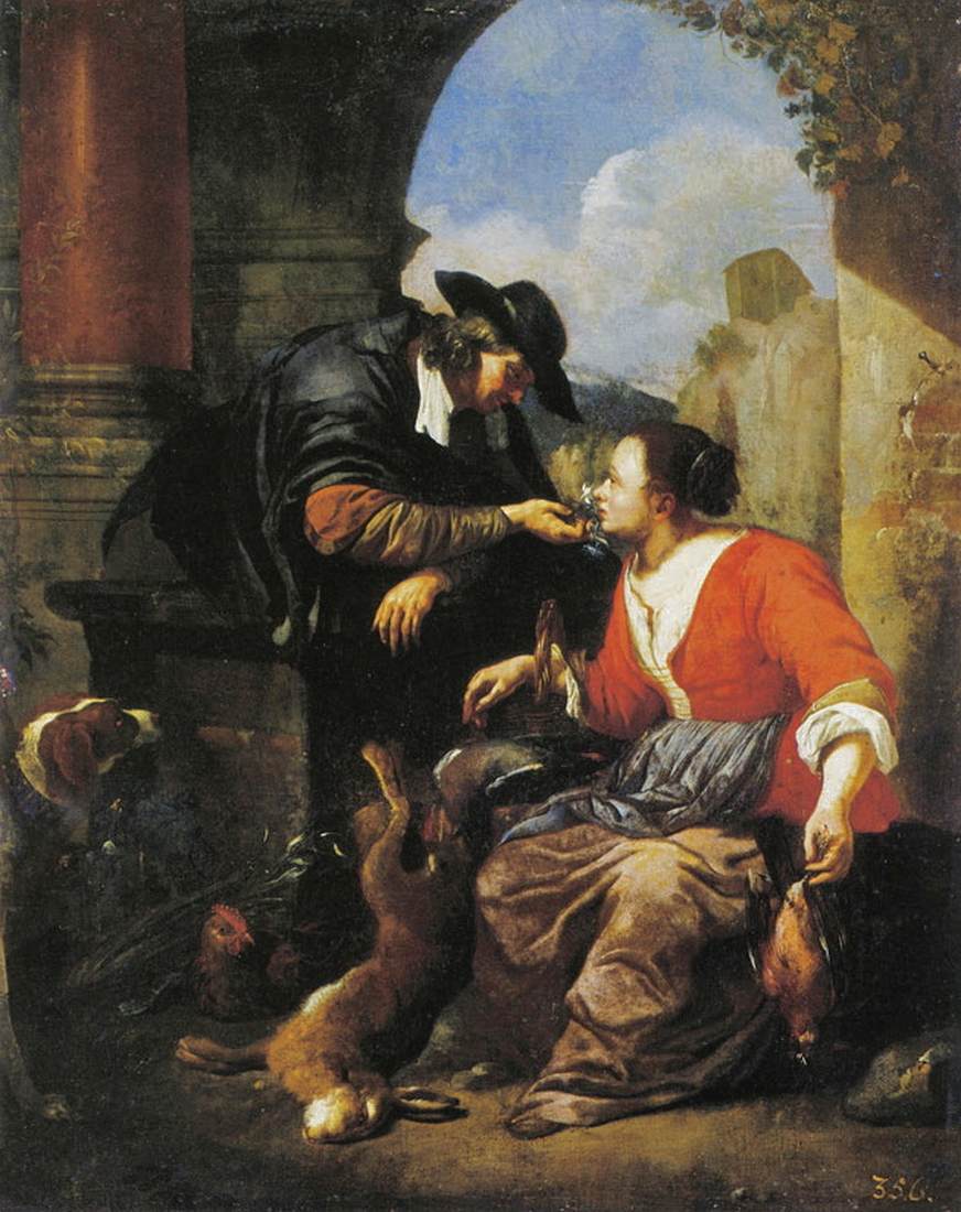 A Man Courting a Woman Selling Game by TOORENVLIET, Jacob