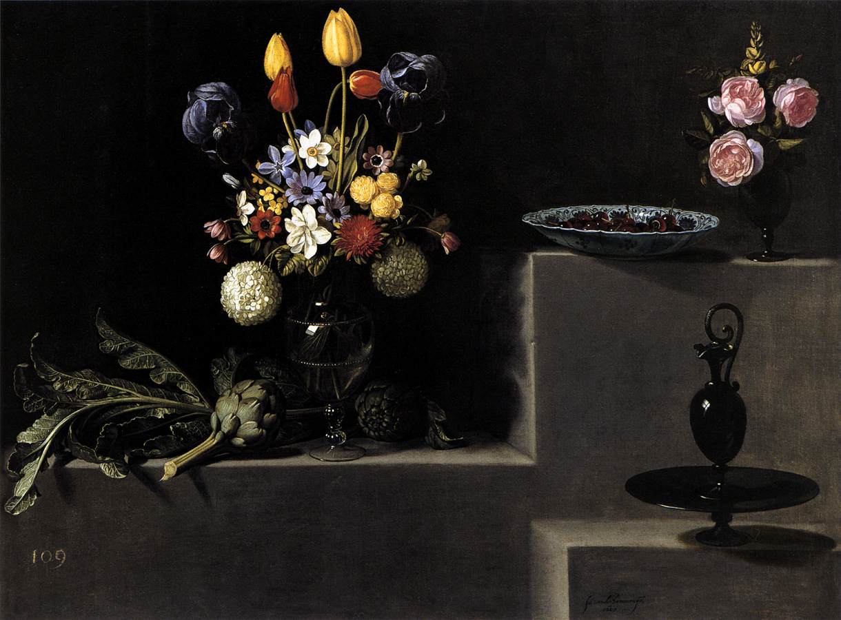 Still Life with Flowers, Artichokes, Cherries and Glassware by HAMEN, Juan van der