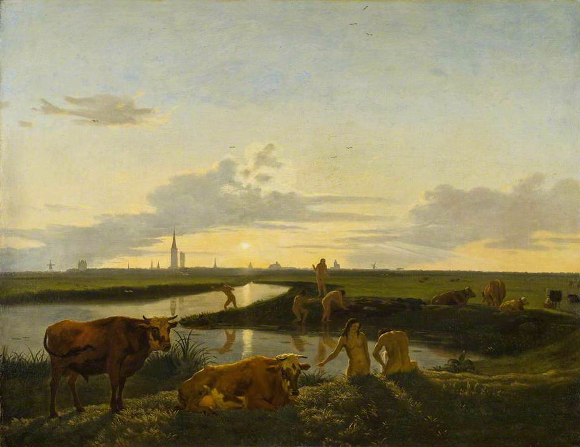 Canal Landscape with Figures Bathing by