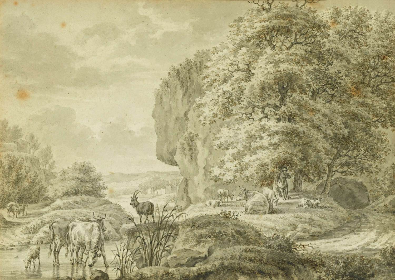 A Peasant Watering his Animals at a Ford by