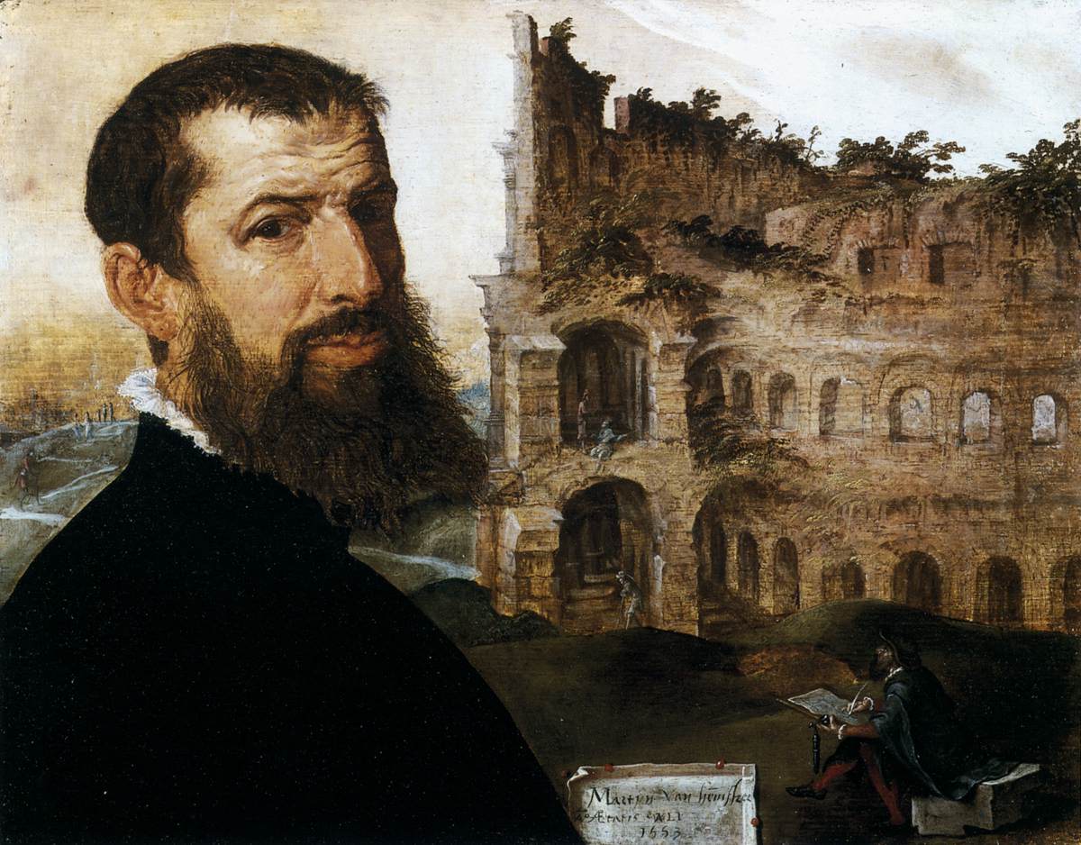 Self-Portrait in Rome with the Colosseum by HEEMSKERCK, Maerten van