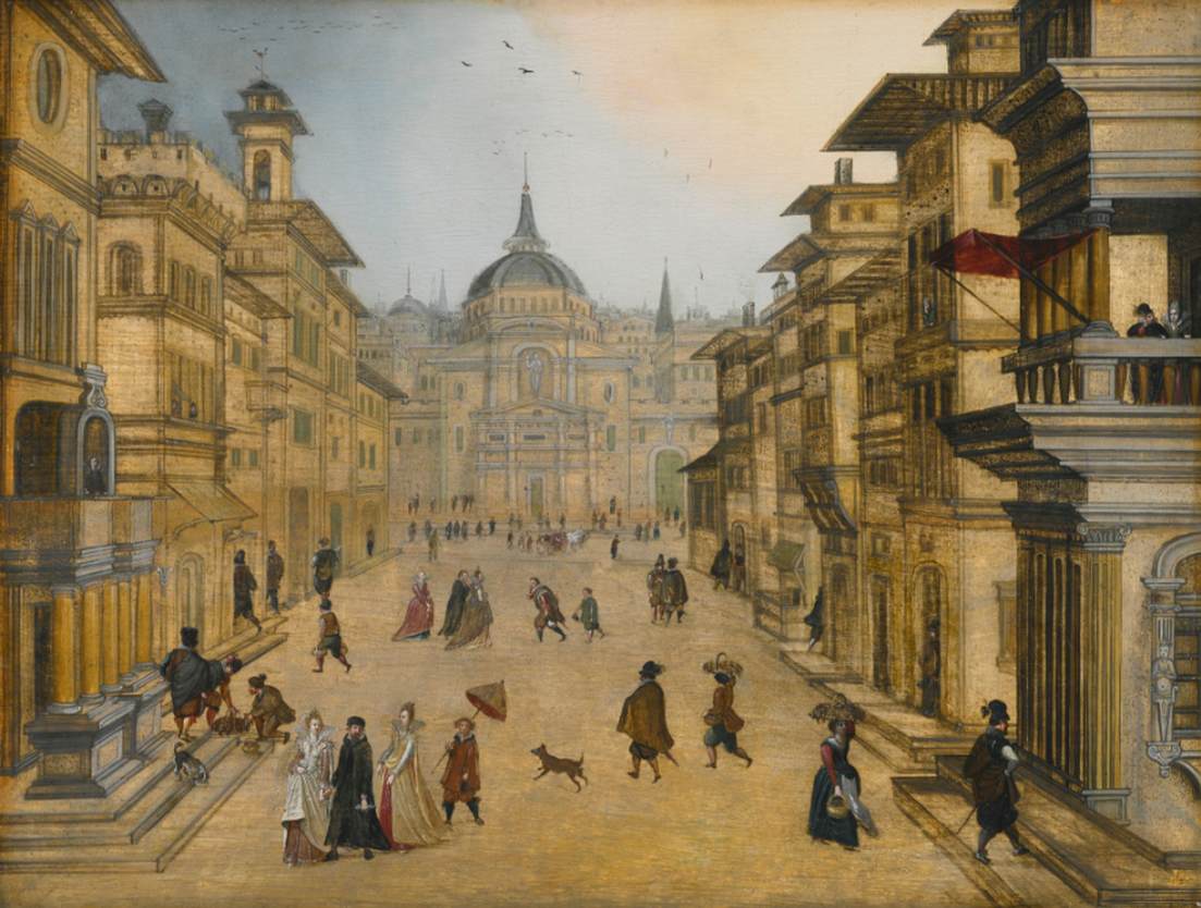 Elegant Figures Strolling in a Renaissance Town by