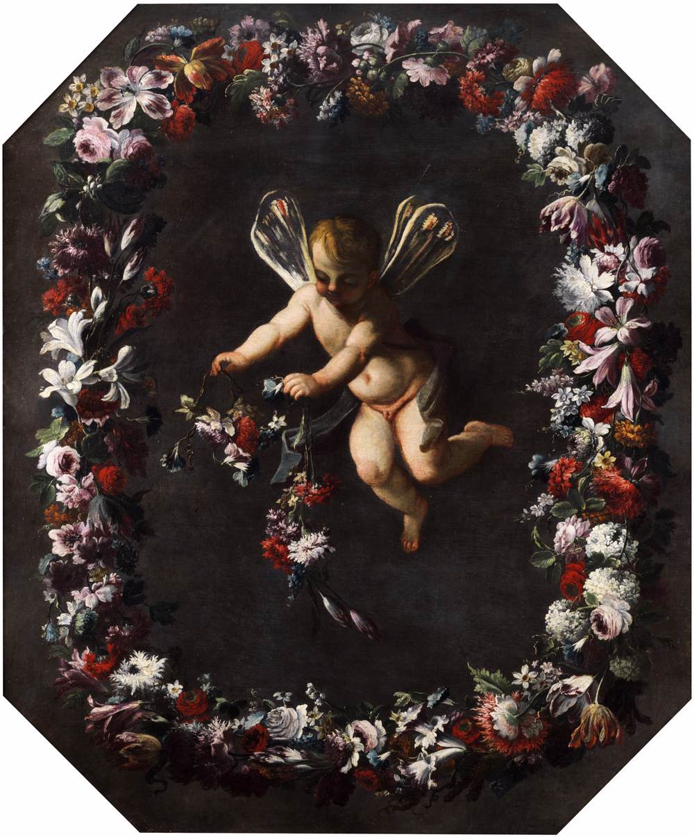 Putto with Dragonfly Wings in a Garland by