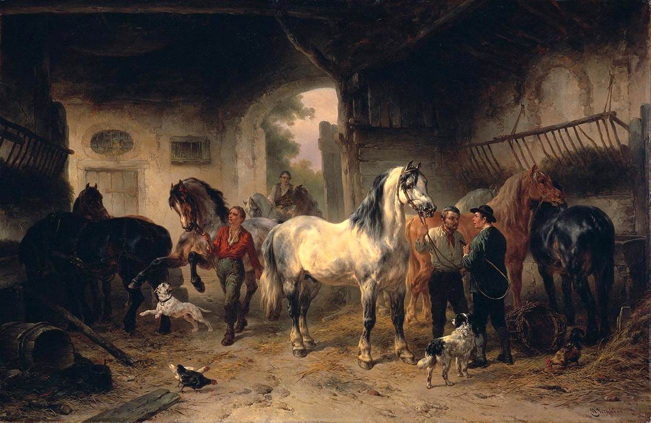 Interior of Barn with Horses and Figures by VERSCHUUR, Wouter