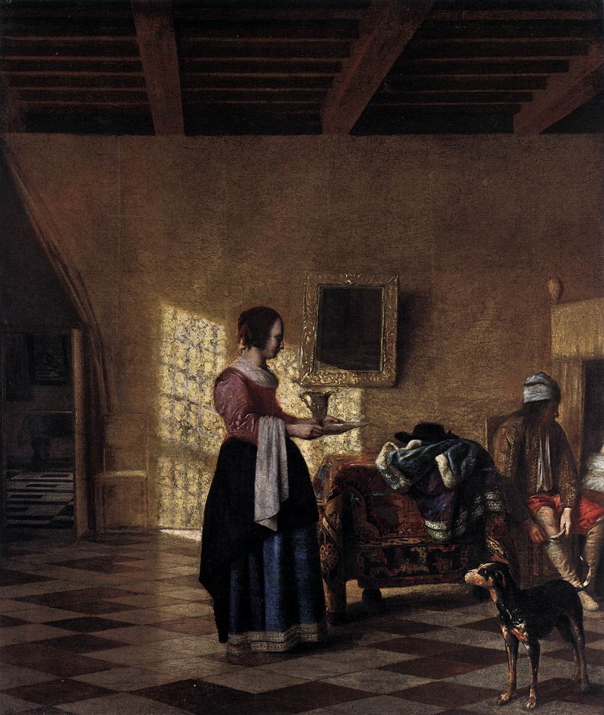 Woman with a Water Pitcher, and a Man by a Bed by HOOCH, Pieter de