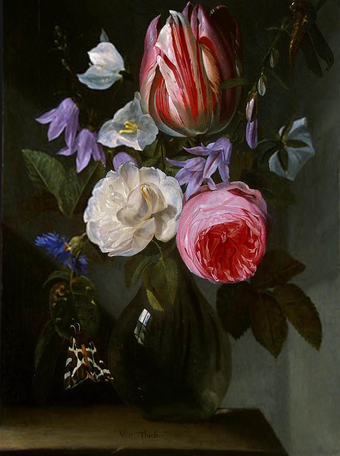 Roses and a Tulip in a Glass Vase by