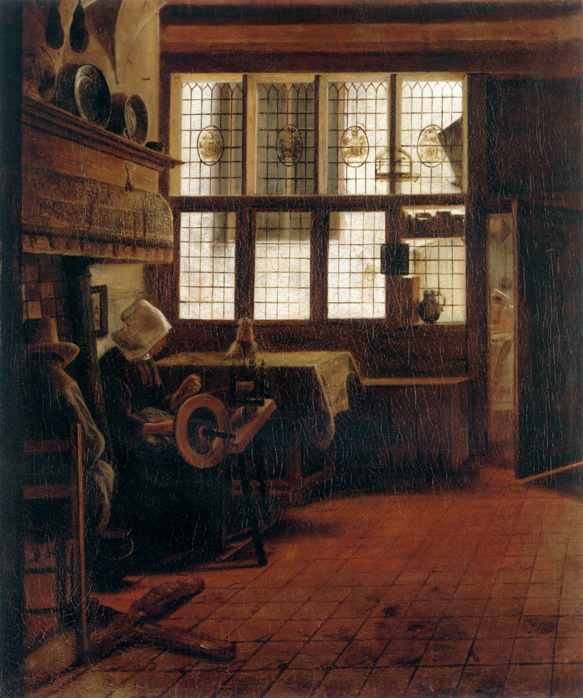 Interior with a Woman at a Spinning Wheel by BOURSSE, Esaias