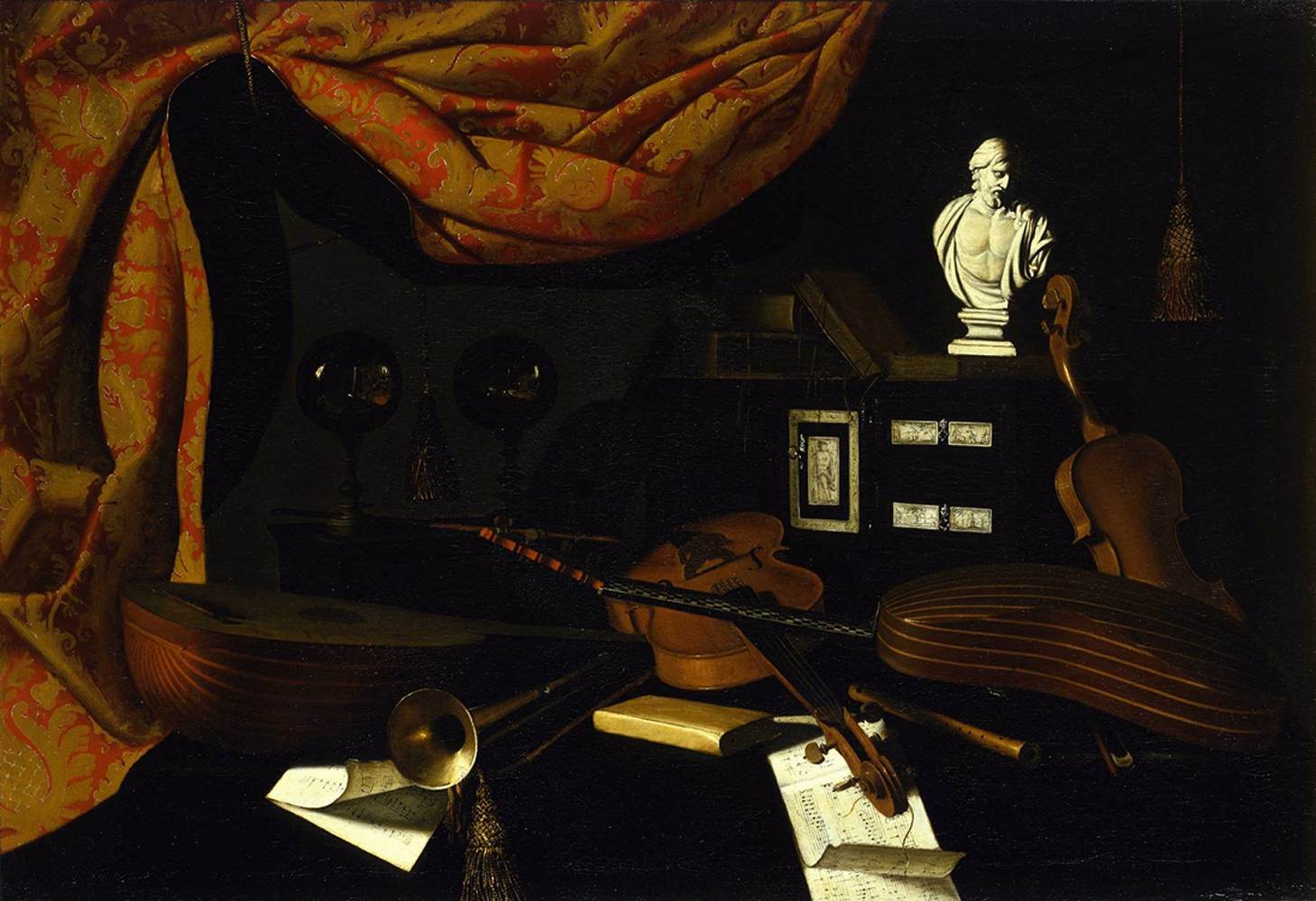 Musical Instruments with Two Glass Spheres and a Male Bust by