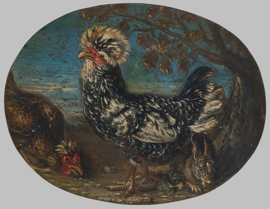 Roosters and a Rabbit in a Landscape by