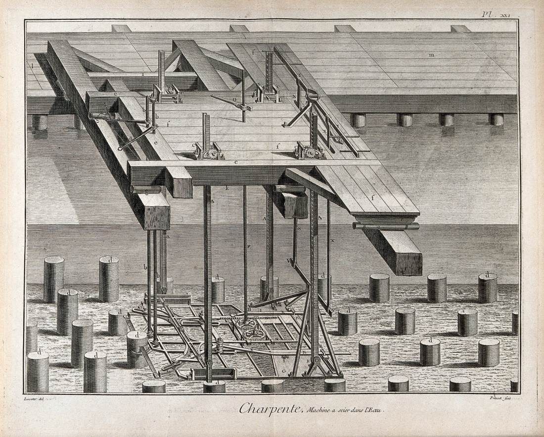 Carpentry: a machine for sawing piles to the correct length underwater by PATTE, Pierre