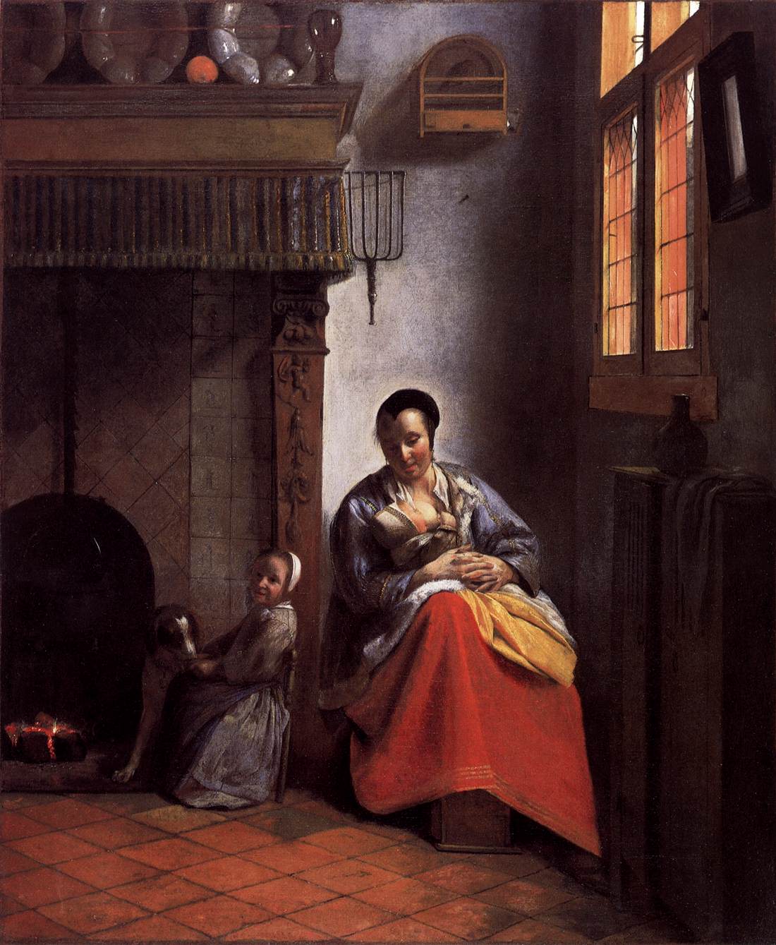 A Woman Nursing an Infant with a Child and a Dog by