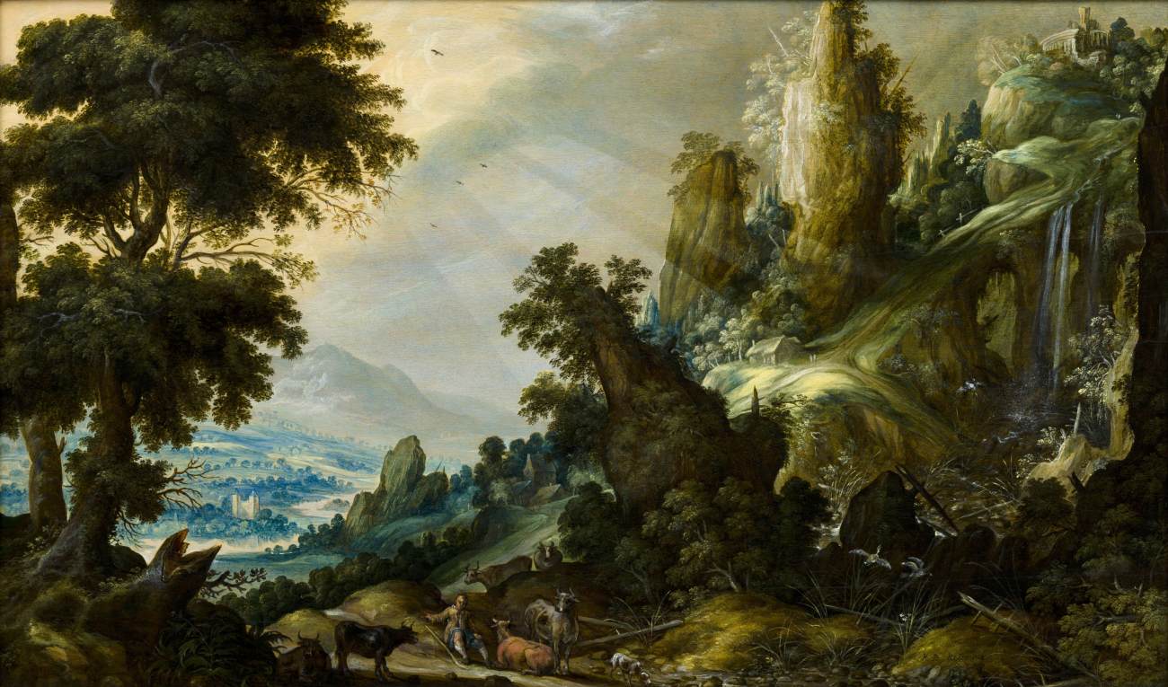 Mountain Landscape with Waterfall by