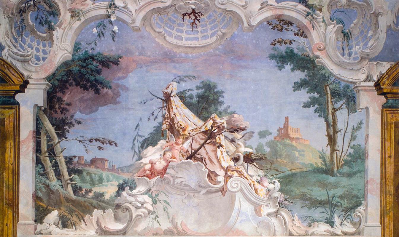 Sleeping Eros with a Putto and Doves in a Starry Landscape by URBANI, Andrea