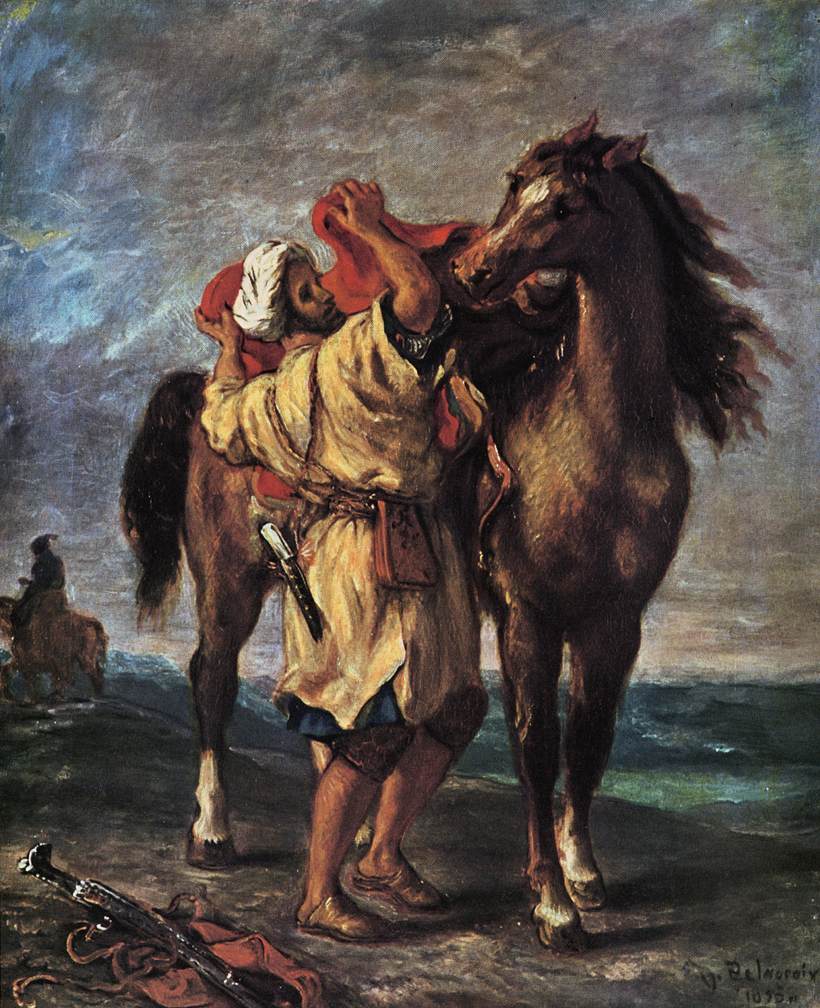 A Moroccan Saddling a Horse by