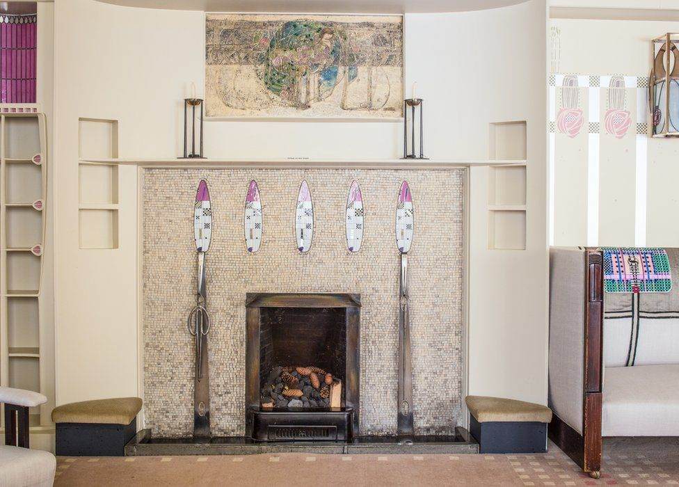 Interior view: fireplace by