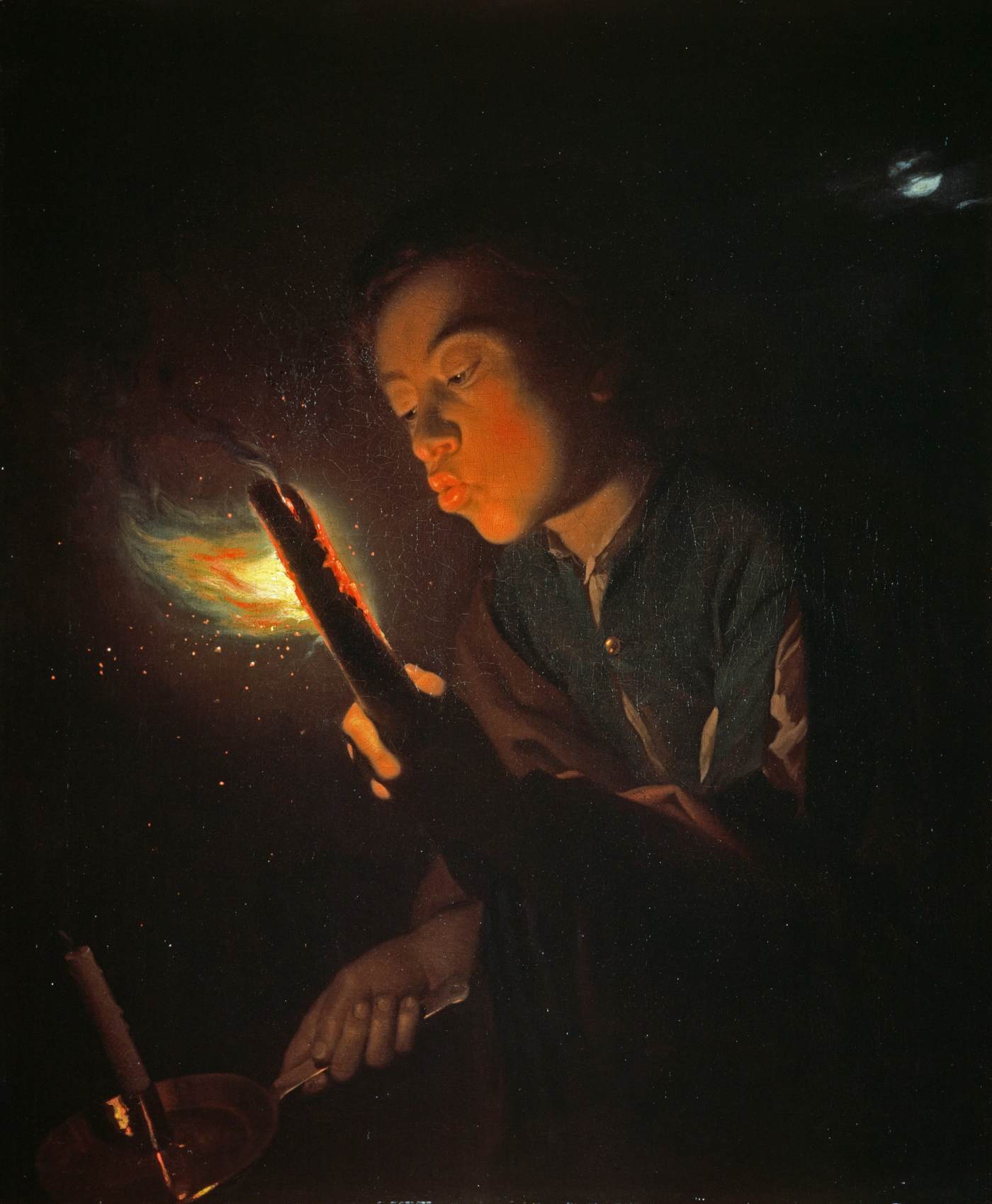 A Boy Blowing on a Firebrand to Light a Candle by SCHALCKEN, Godfried