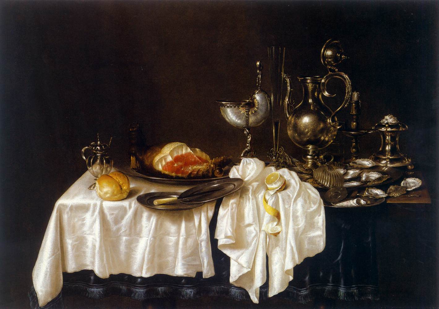 Still-Life with Ham, Bread and Precious Vessels by