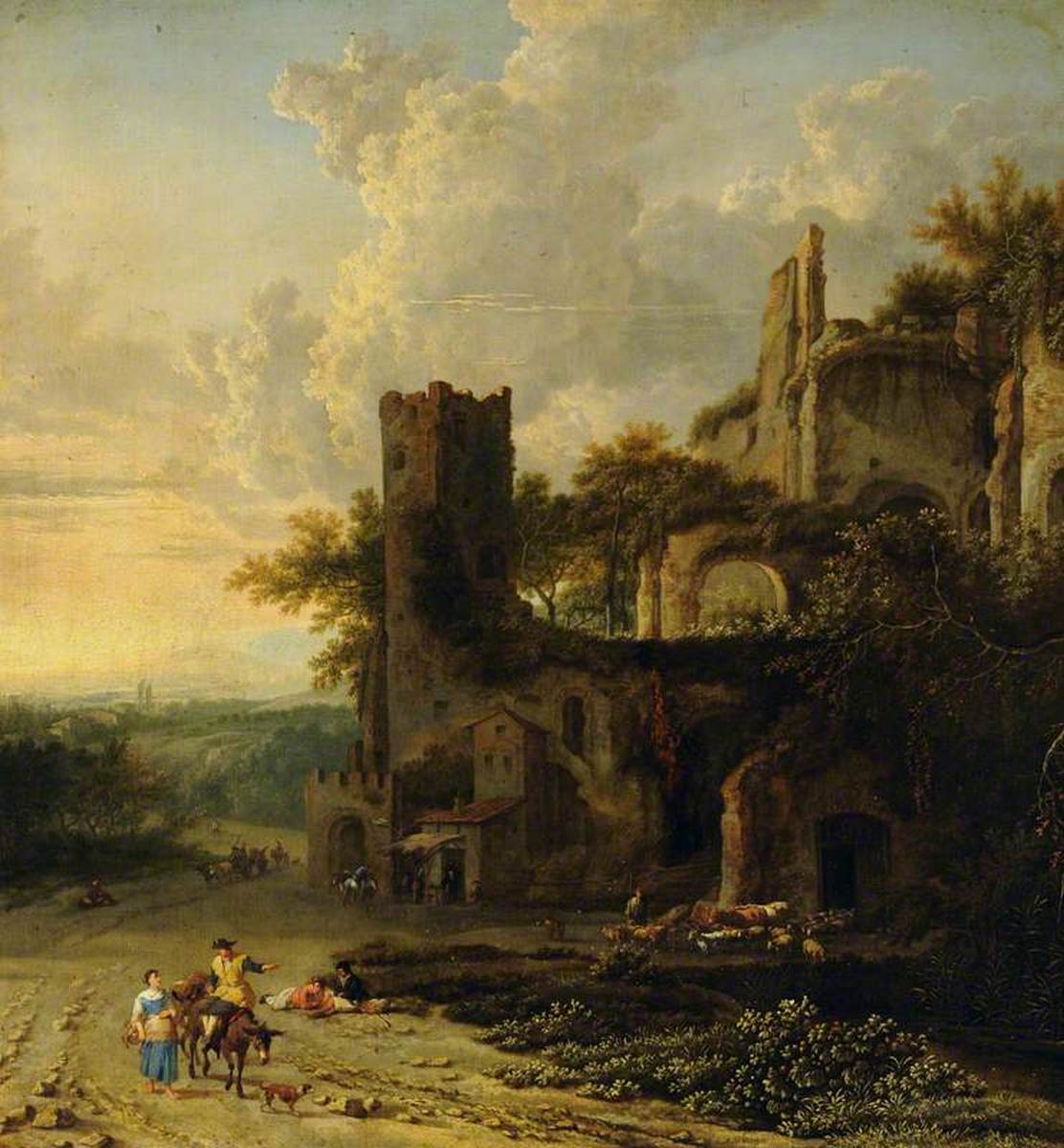 Italian Landscape with Peasants by a Ruined Castle by