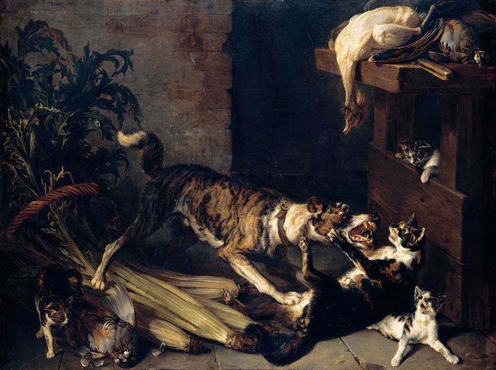 A Dog and a Cat Fighting in a Kitchen Interior by