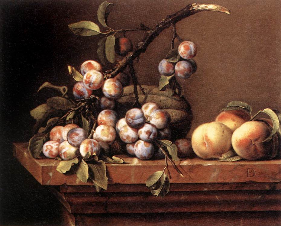 Plums and Peaches on a Table by