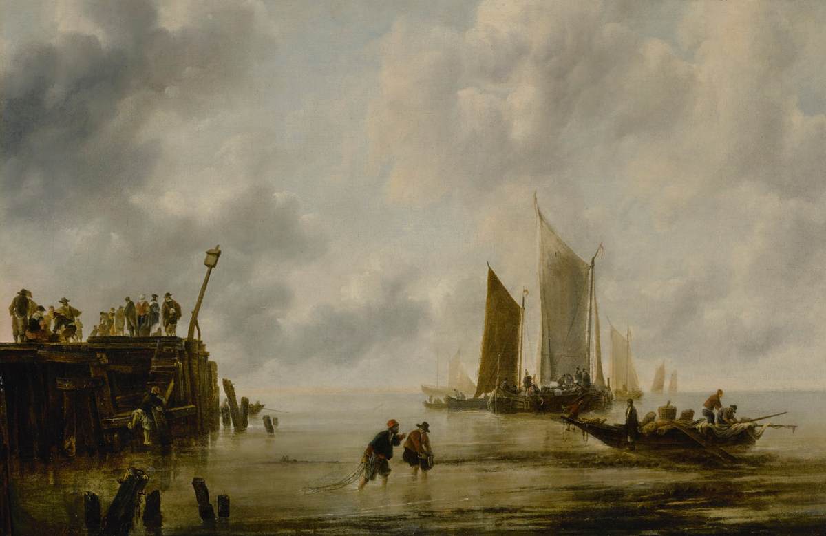 Seascape with Fishermen and Figures on a Pier by CAPPELLE, Jan van de