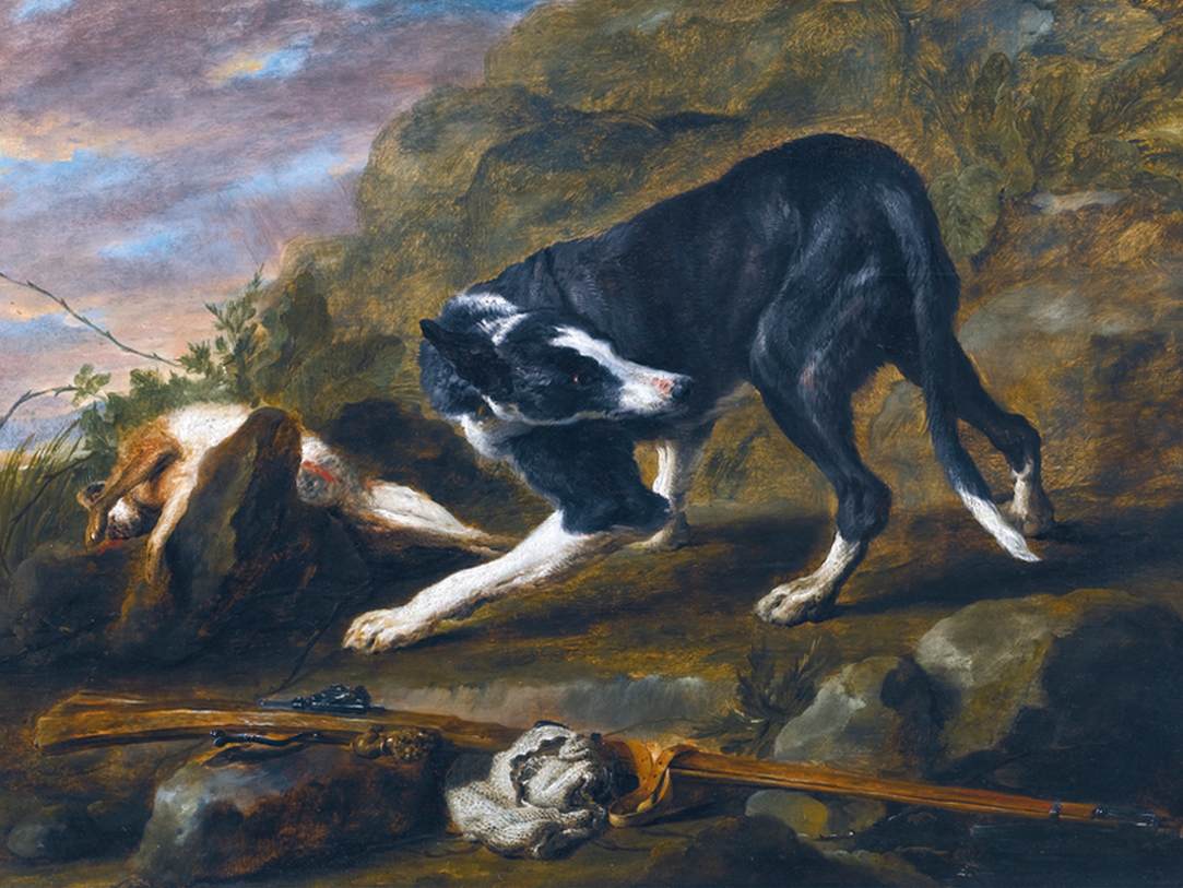 A Hound with a Rabbit and a Musket in a Landscape by FYT, Jan