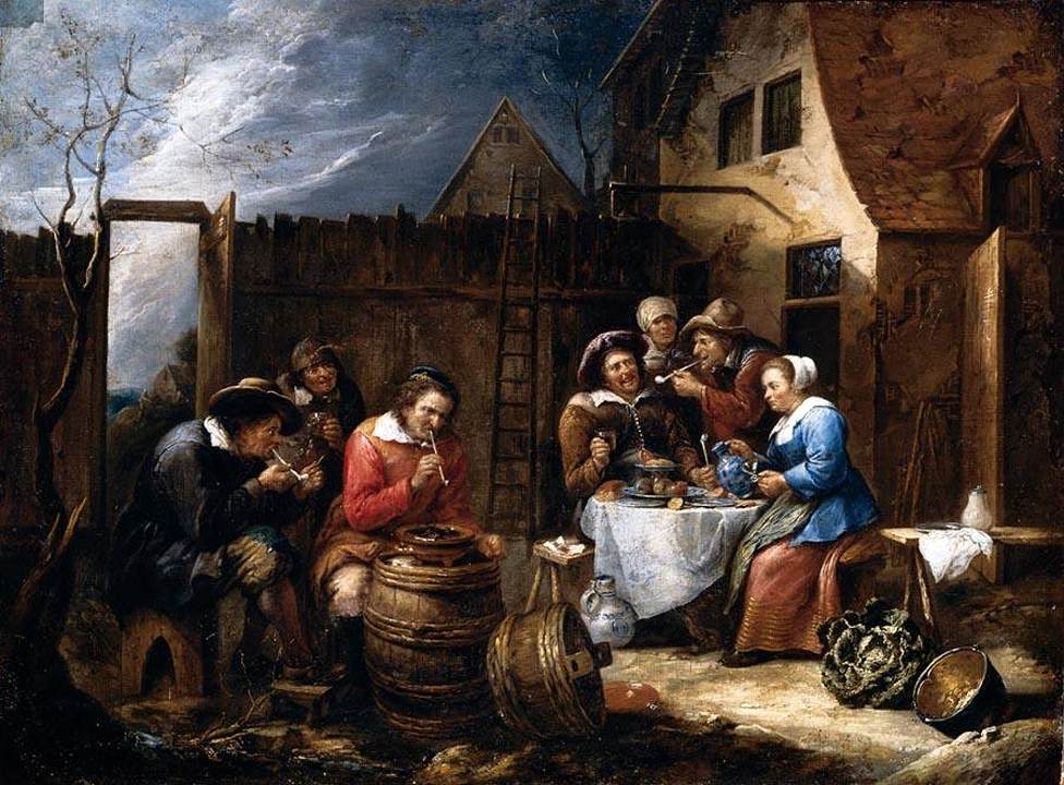 Boors Eating Drinking and Smoking outside a Cottage by TILBORGH, Gillis van