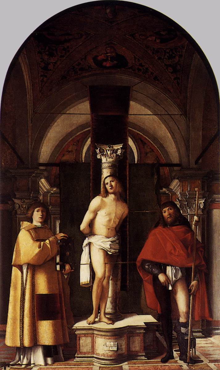 St Sebastian with St Roch and St Lawrence by BUONCONSIGLIO, Giovanni