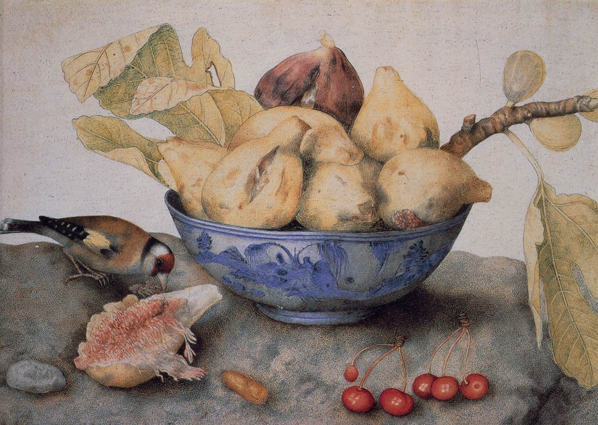 China Bowl with Figs, a Bird, and Cherries by GARZONI, Giovanna