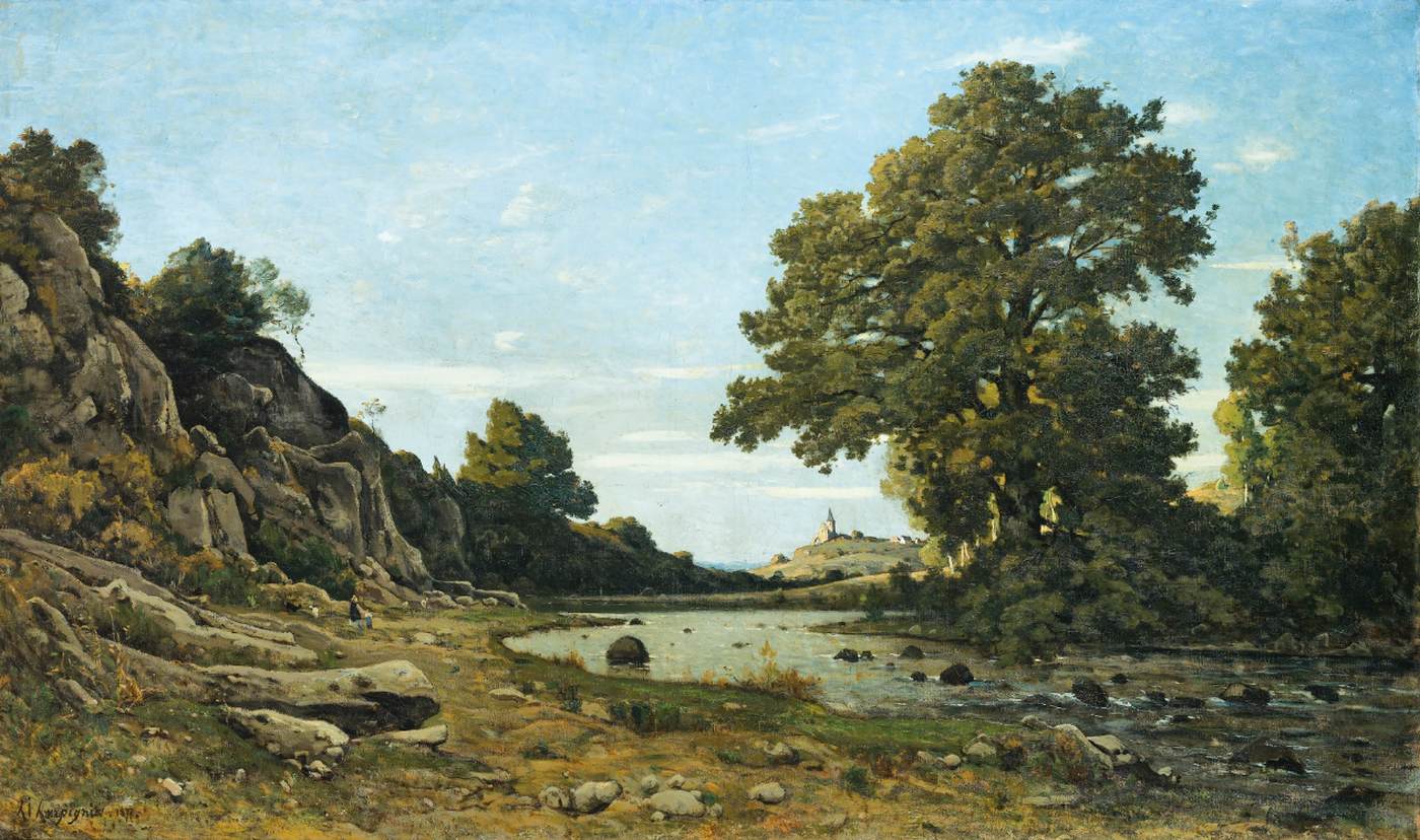 River Landscape with a Village in the Background by HARPIGNIES, Henri-Joseph