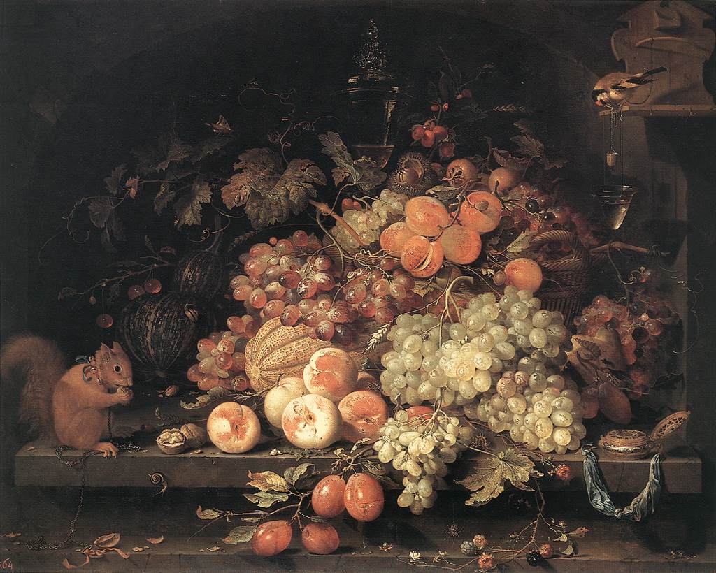 Fruit Still-Life with Squirrel and Goldfinch by MIGNON, Abraham