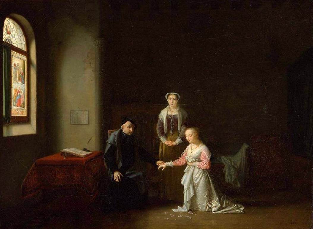 Young Woman Kneeling Before a Priest by