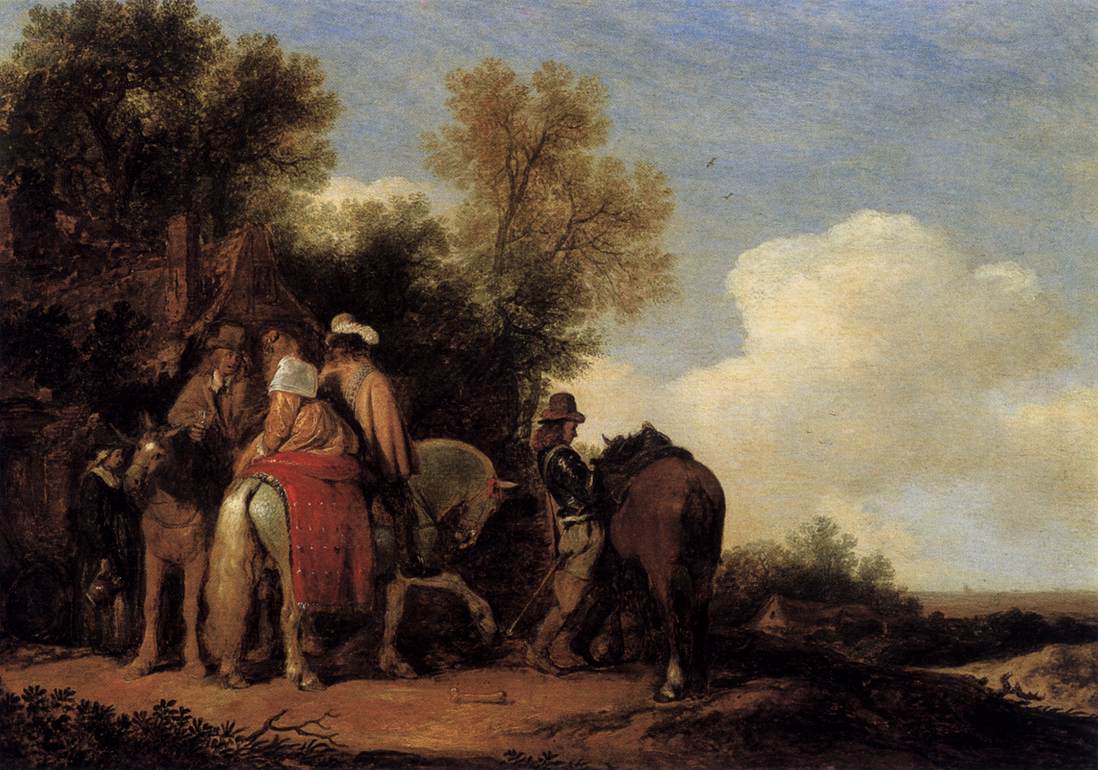 A Party of Riders Resting beside an Inn by