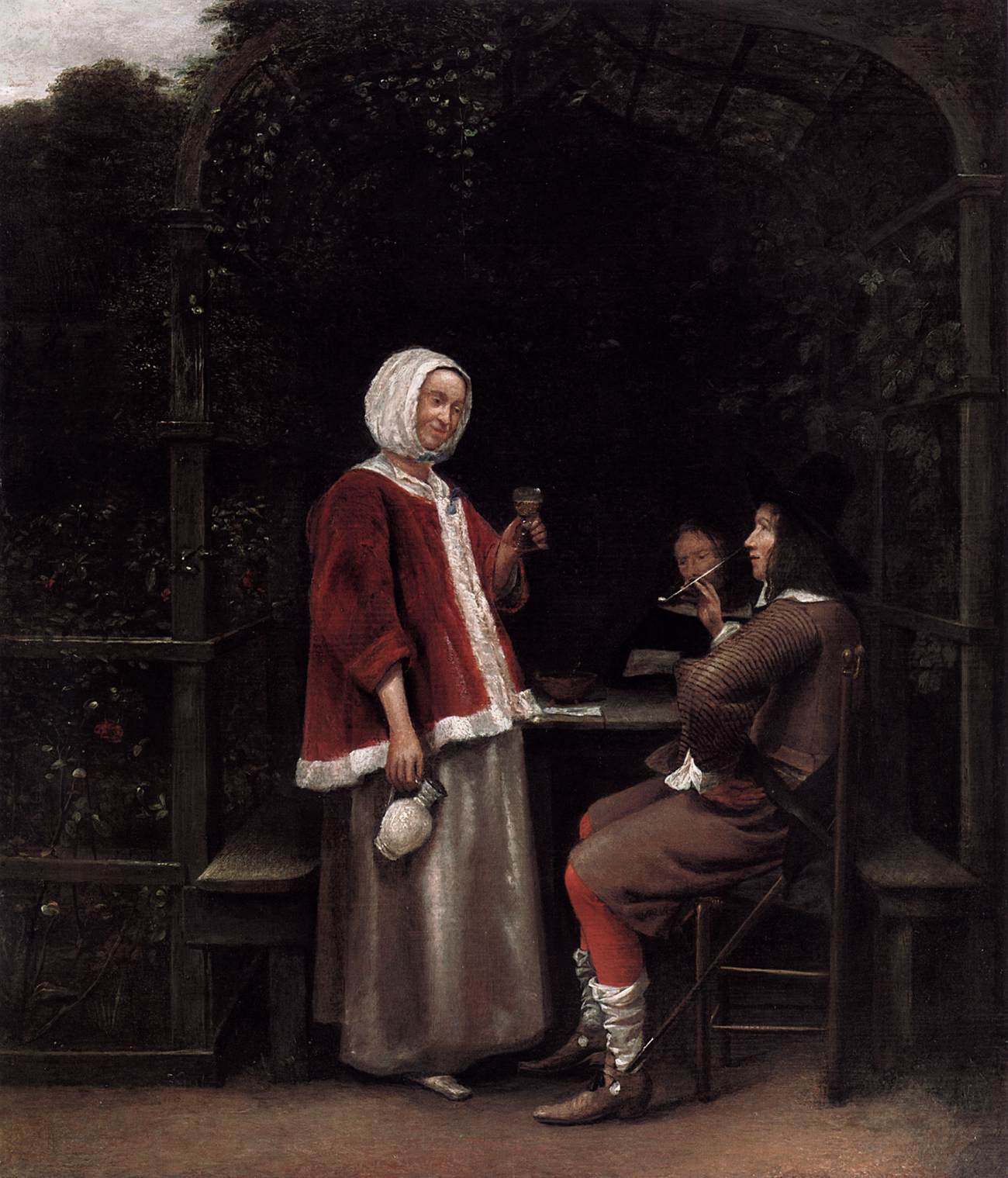 A Woman and Two Men in an Arbour by