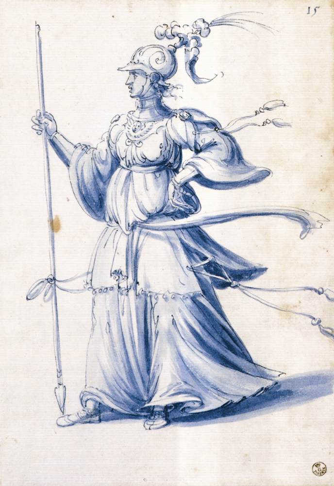 Costume drawing of a woman with lance by