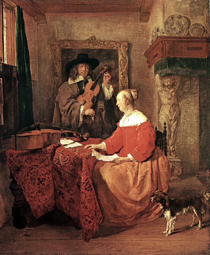 A Woman Seated at a Table and a Man Tuning a Violin by METSU, Gabriel