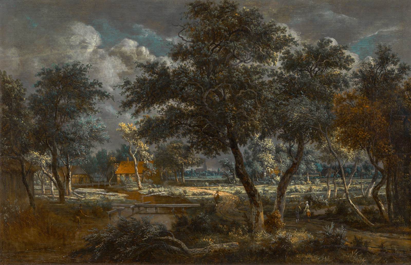 A Wooded Landscape with Peasants on a Path and an Angler at a Stream by HOBBEMA, Meyndert