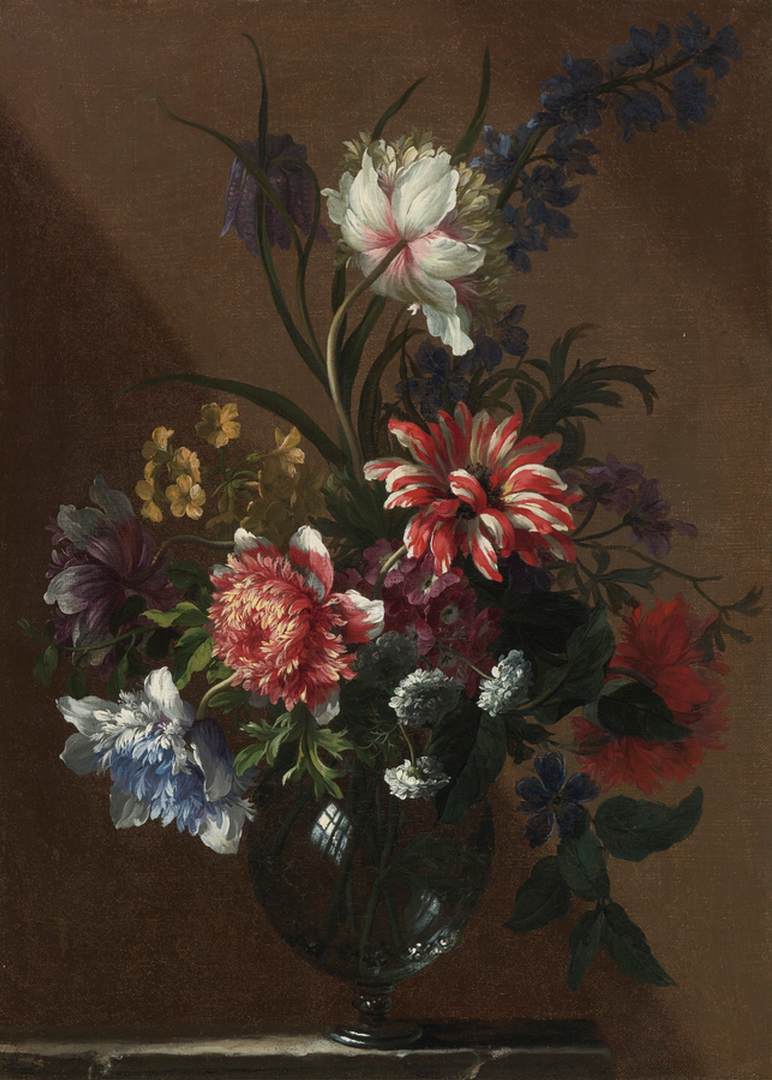 Bouquet of Flowers in Glass Vase on Marble Ledge by MONNOYER, Jean-Baptiste