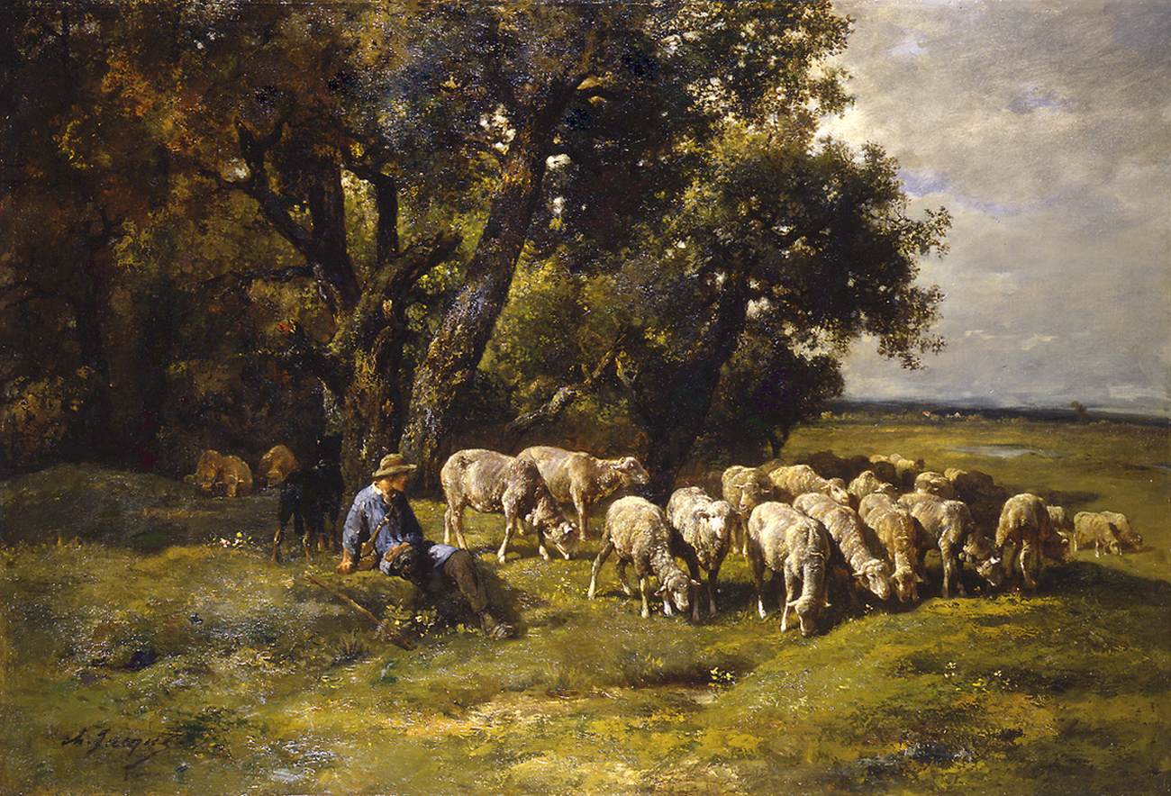 A Shepherd with His Flock by JACQUE, Charles Émile