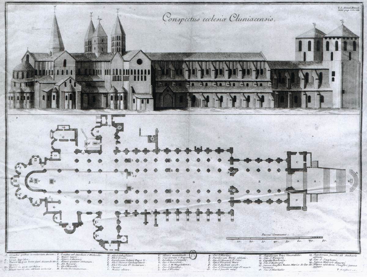 Side façade and ground plan of Cluny Abbey by