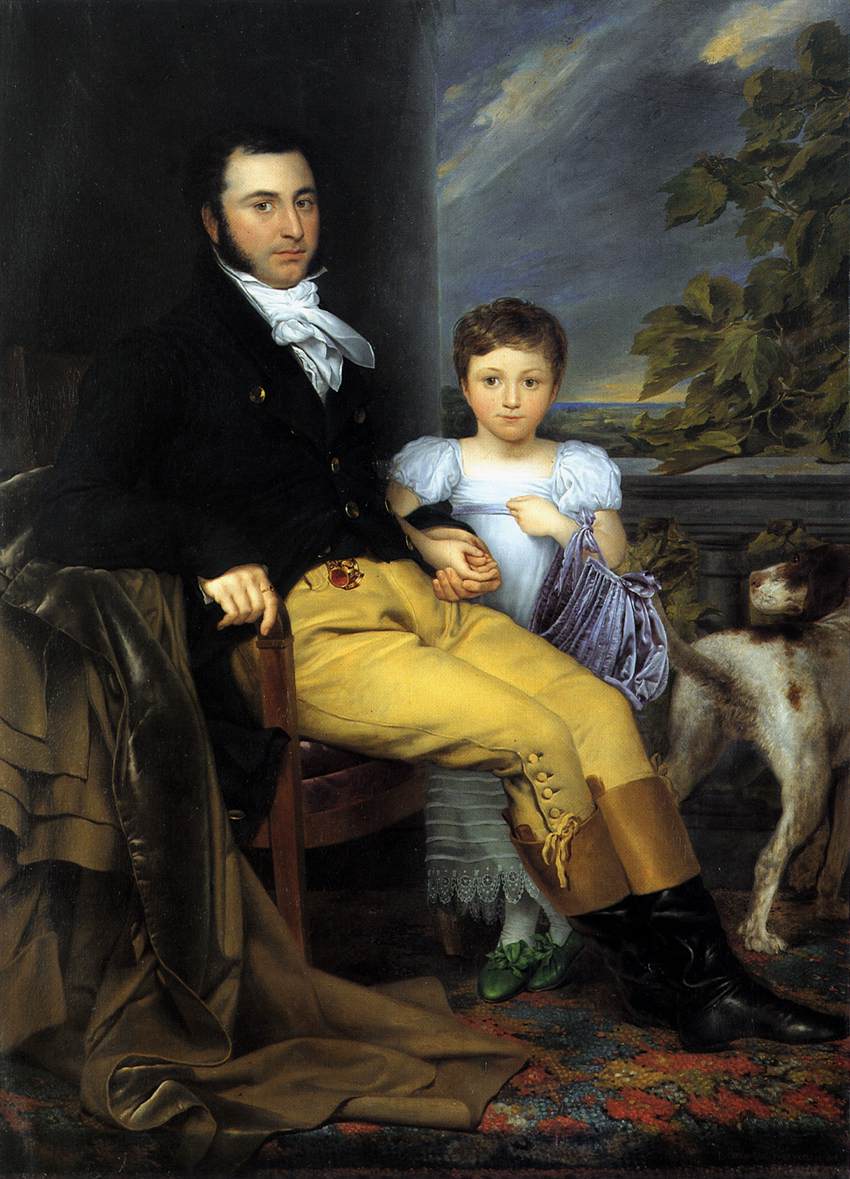 Portrait of a Prominent Gentleman with his Daughter and Hunting Dog by