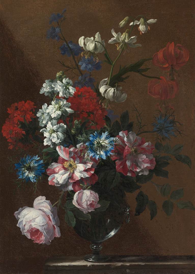 Bouquet of Flowers in Glass Vase on Marble Ledge by MONNOYER, Jean-Baptiste