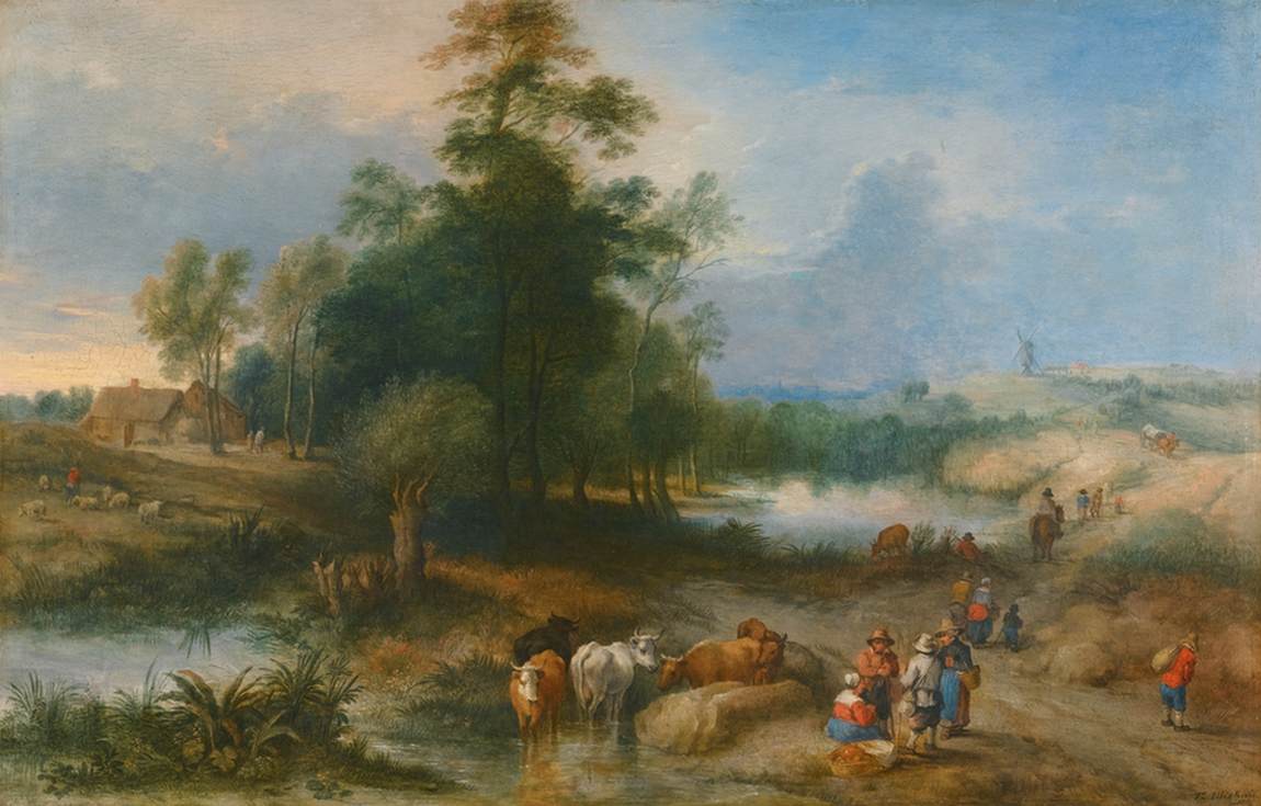 Landscape with Drovers Watering Cattle by MICHAU, Théobald