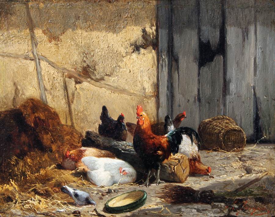 Rooster and Hens by JACQUE, Charles Émile