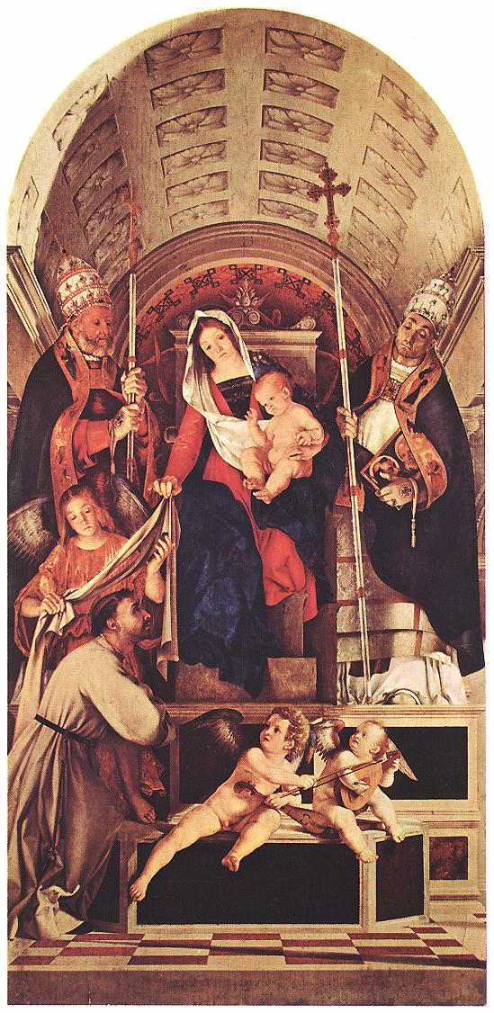 Madonna and Child with Sts Dominic, Gregory and Urban by LOTTO, Lorenzo