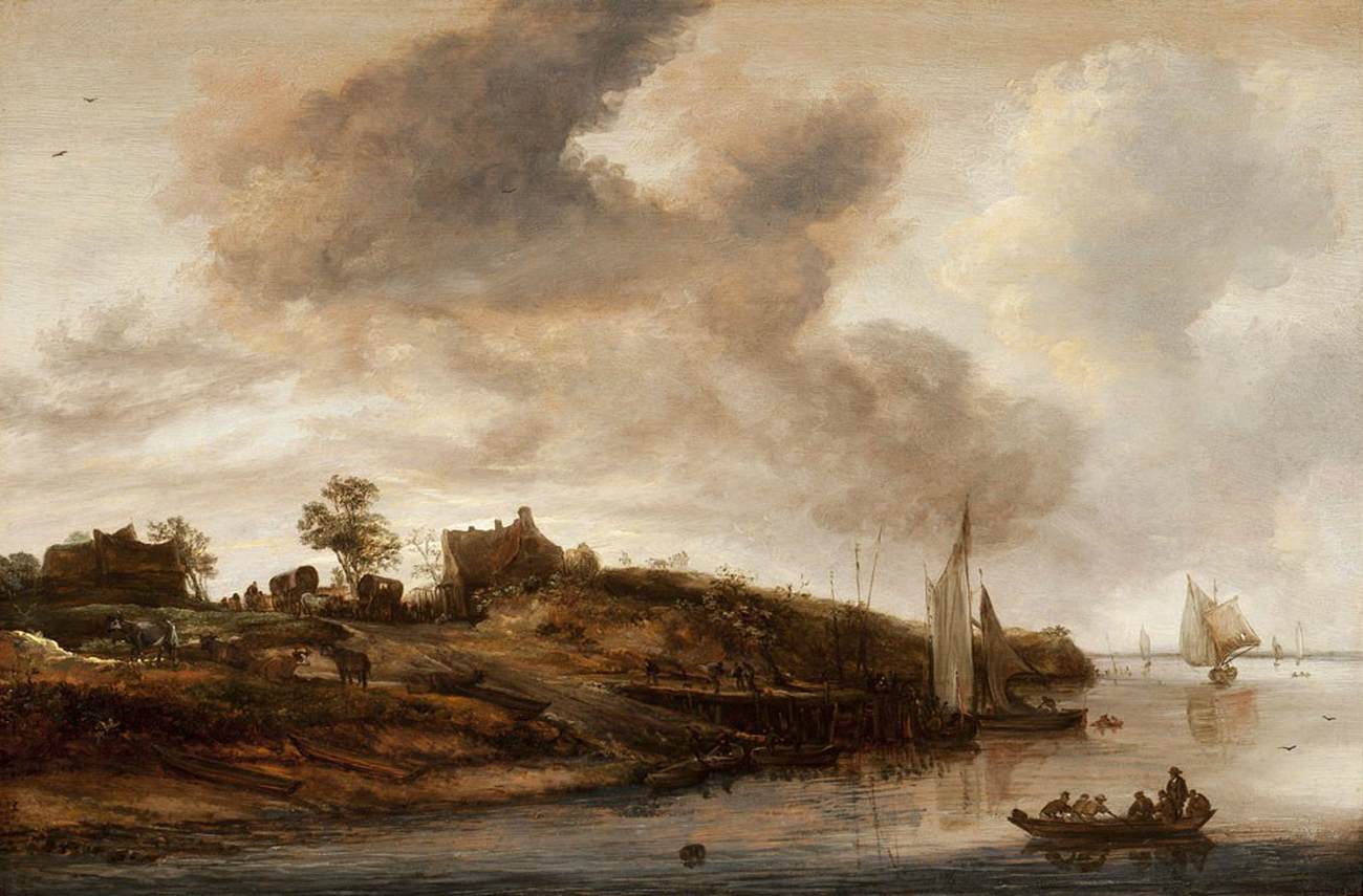 River Landscape with a Ferry by