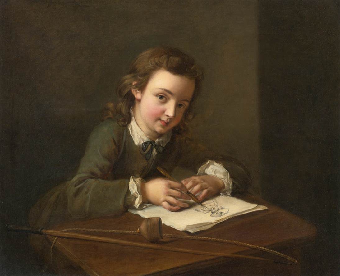 A Boy Drawing at His Desk by