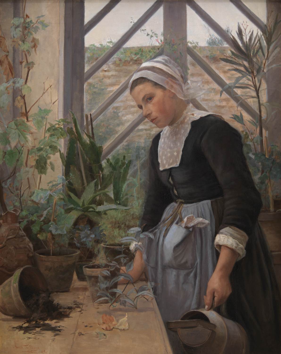 Breton Girl Looking After Plants in the Hothouse by